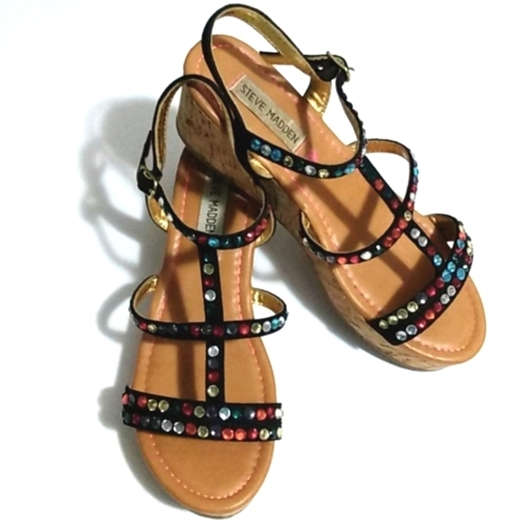 STEVE MADDEN Rhinestone Strappy Mini Wedge Platform Sandals Size 5 - Picture 8 of 13